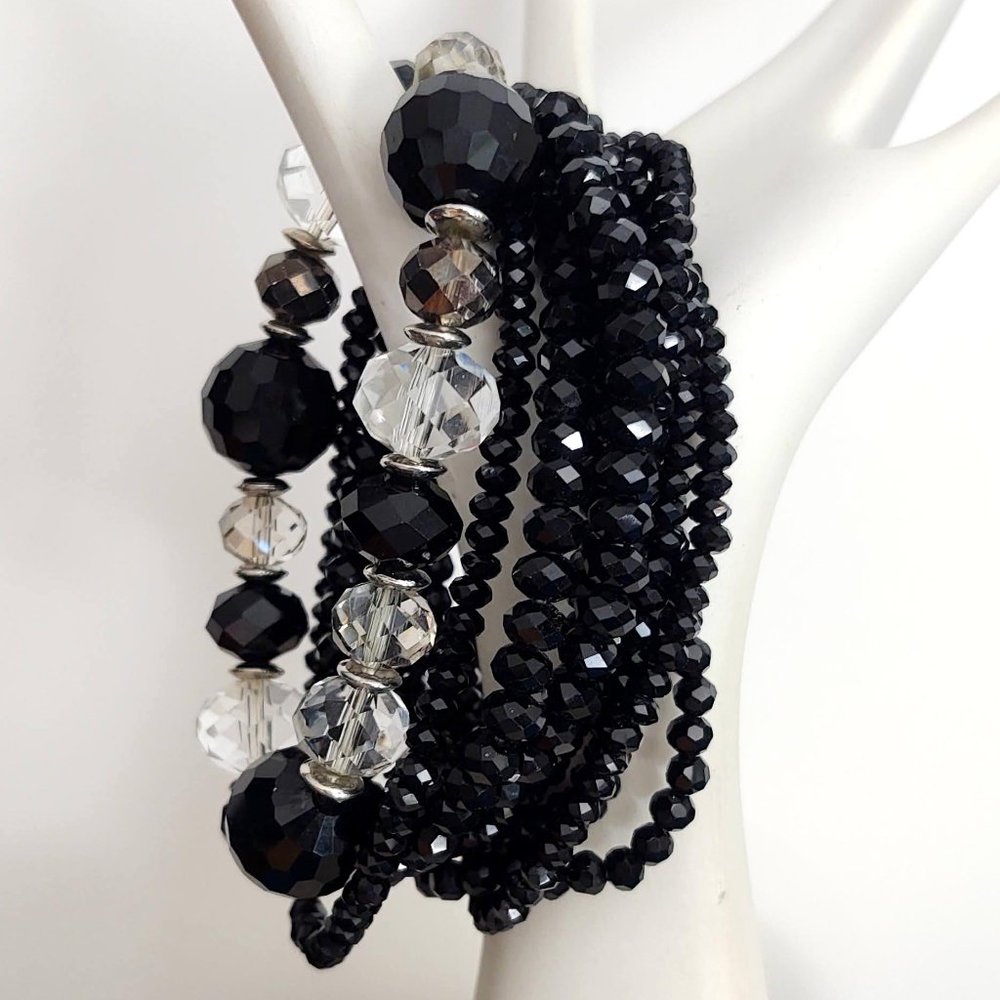 10 Black, clear and smoke glass beaded bracelet bundle
